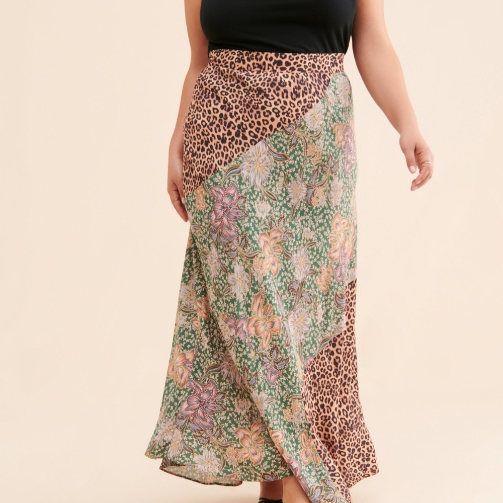 Anthropologie Green Floral and Leopard Midi Skirt